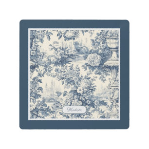 Vintage floral chic Blue toile de jouy monogram Metal Print
