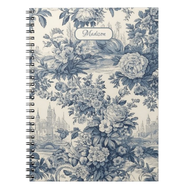 Vintage floral chic Blue toile de jouy monogram Notebook (Front)