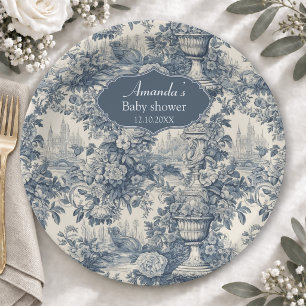 Vintage floral chic Blue toile de jouy monogram Paper Plates
