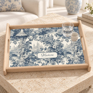 Vintage floral chic Blue toile de jouy monogram Serving Tray