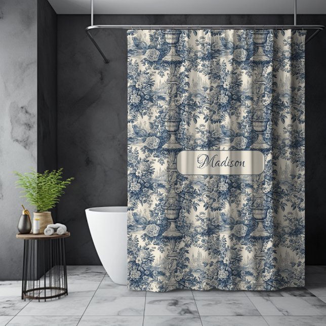 Vintage floral chic Blue toile de jouy monogram Shower Curtain (Creator Uploaded)