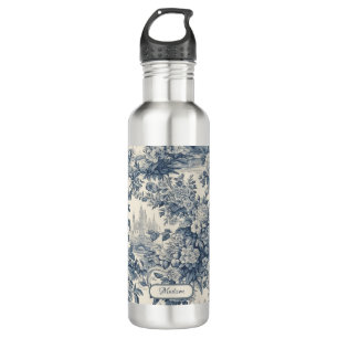 Vintage floral chic Blue toile de jouy monogram Stainless Steel Water Bottle