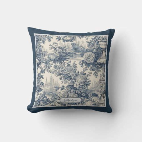 Vintage floral chic Blue toile de jouy monogram Throw Pillow