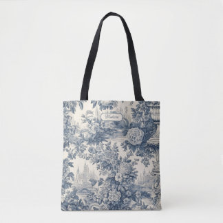 Vintage floral chic Blue toile de jouy monogram Tote Bag
