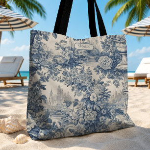 Vintage floral chic Blue toile de jouy monogram Tote Bag