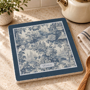 Vintage floral chic Blue toile de jouy monogram Trivet