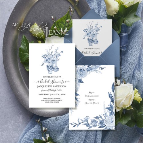 Vintage Floral Chinoiserie Blue Bridal Shower Invitation