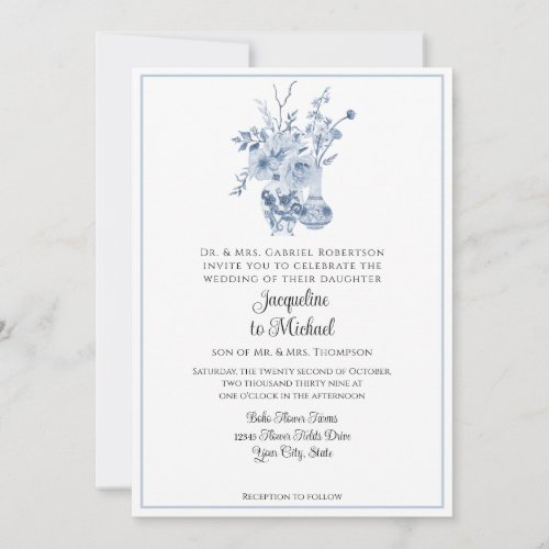 Vintage Floral Chinoiserie White and Blue Wedding Invitation