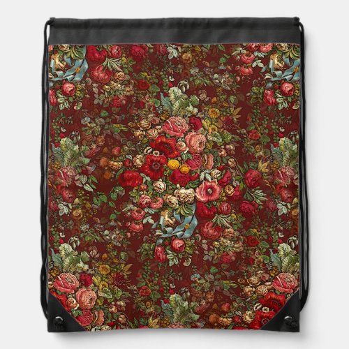 Vintage Floral Chintz Pattern in Reds Drawstring Bag