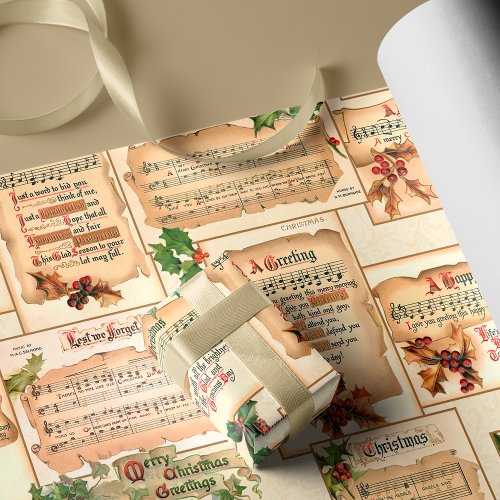 Vintage Floral Christmas Music on Antique Scrolls Wrapping Paper