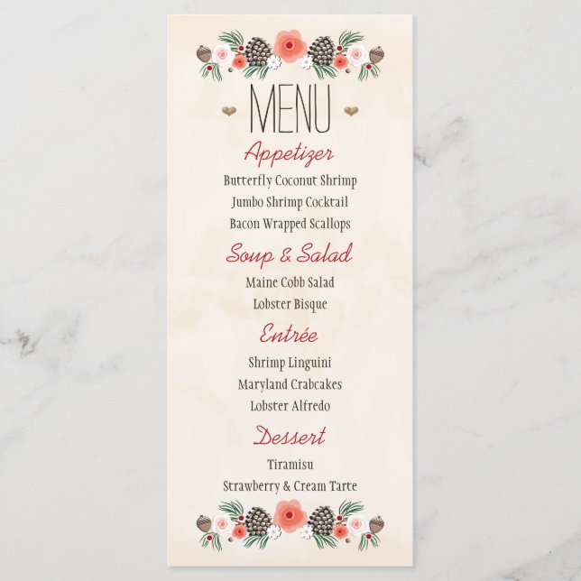 Vintage Floral Christmas Pine Cone Wedding Menu (Front)