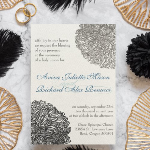 Vintage Floral Chrysanthemum Gray and Blue Invitation