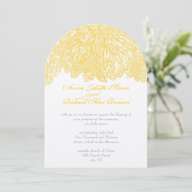 Vintage Floral Chrysanthemum Gray and Yellow Invitation (Standing Front)