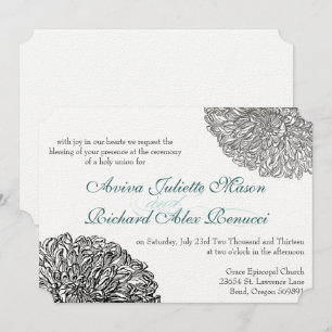 Vintage Floral Chrysanthemum Gray Teal Aqua Invitation