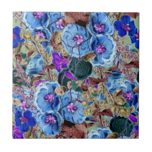 Vintage Floral Cluster Blue Tile