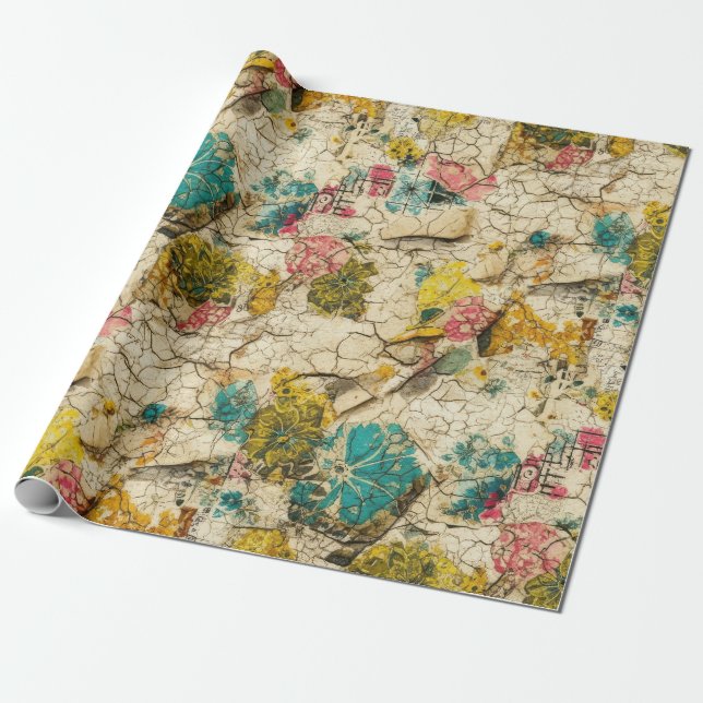 Vintage Floral Collage with Aged Paper Texture (Unrolled)
