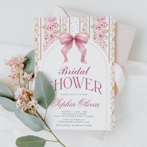 Vintage Floral Coquette Pink Bow Bridal Shower Invitation