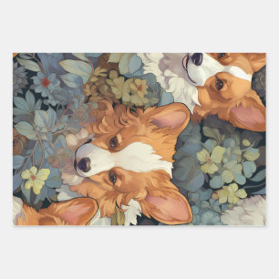 Vintage Floral Corgi Pattern Cute Botanical Dog De Wrapping Paper Sheets