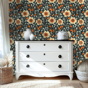 Vintage Floral Cream & Orange Botanical Design Wallpaper