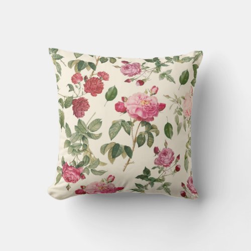 Vintage Floral Cream Pink Rose Throw Pillow