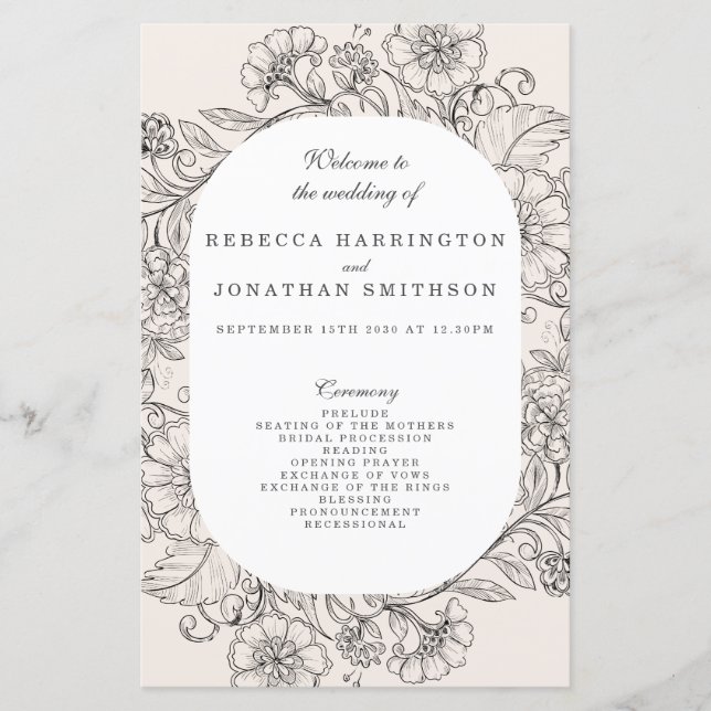 Vintage Floral Cream Wedding Program (Front)
