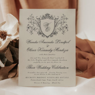 Vintage Floral Crest Cream Charcoal Wedding Invitation