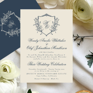 Vintage Floral Crest Cream & Navy Monogram Wedding Invitation