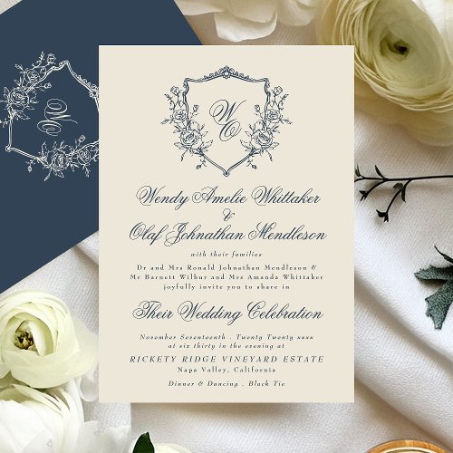 Vintage Floral Crest Cream  Navy Monogram Wedding Invitation