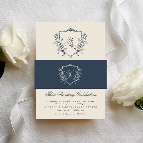 Vintage Floral Crest Cream  Navy Monogram Wedding Invitation Belly Band