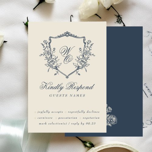Vintage Floral Crest Cream  Navy Monogram Wedding RSVP Card
