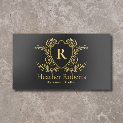 Vintage Floral Crest Monogram Black Foil Business Cards