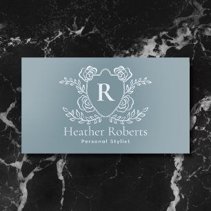 Vintage Floral Crest Monogram Dusty Blue Foil Business Cards