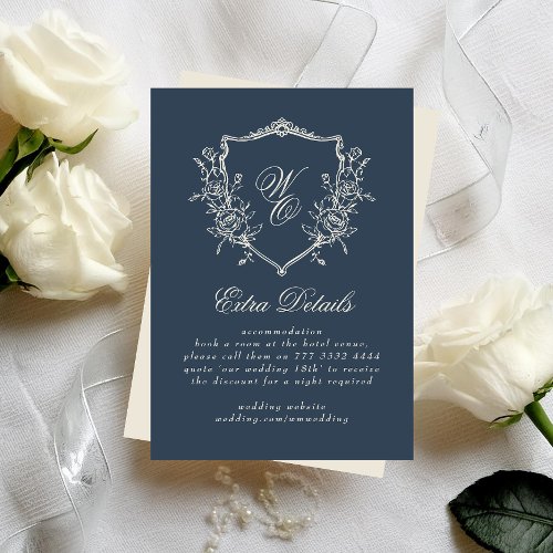 Vintage Floral Crest Navy  Cream Monogram Wedding Enclosure Card