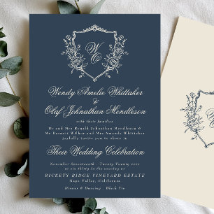 Vintage Floral Crest Navy & Cream Monogram Wedding Invitation