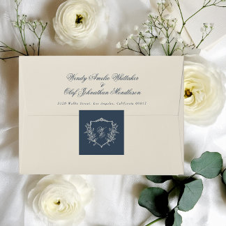 Vintage Floral Crest Navy & Cream Monogram Wedding Square Sticker