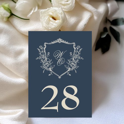 Vintage Floral Crest Navy  Cream Monogram Wedding Table Number