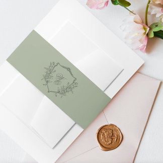 Vintage Floral Crest olive sage Monogram Wedding Invitation Belly Band