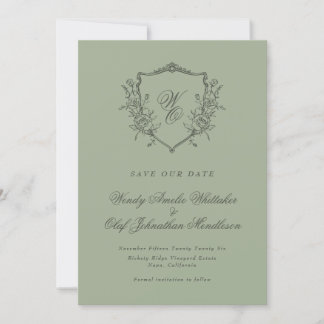 Vintage Floral Crest Sage Olive Monogram Photo Save The Date