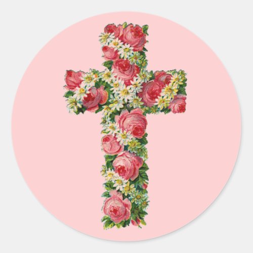 Vintage Floral Cross Classic Round Sticker