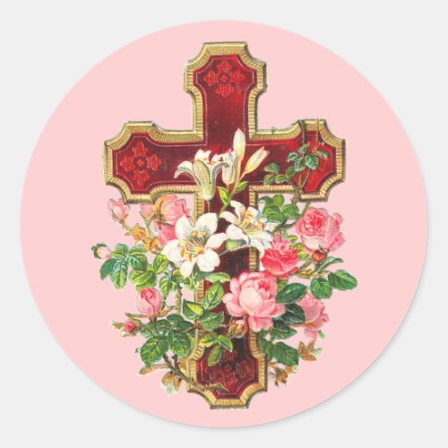 Vintage Floral Cross Classic Round Sticker