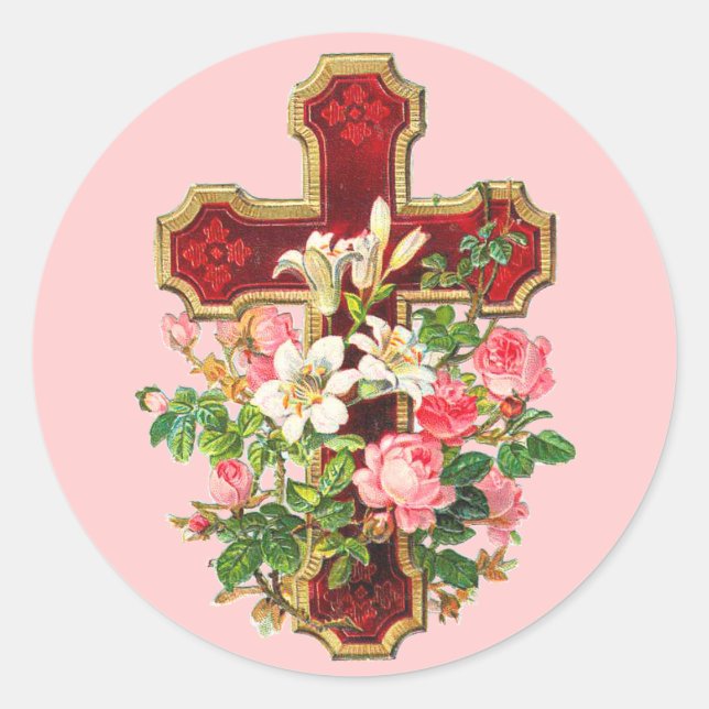 Vintage Floral Cross Classic Round Sticker (Front)