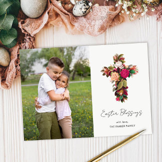 Vintage Floral Cross Easter Blessings Photo Holiday Card