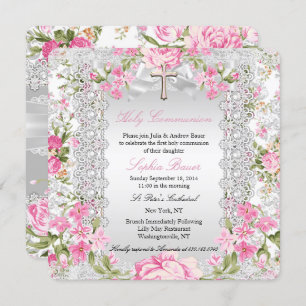 Vintage Floral Cross First Communion Pink 4 Invitation