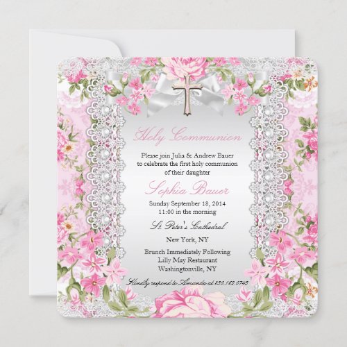 Vintage Floral Cross First Communion Pink A Invitation