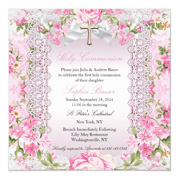 Vintage Floral Cross First Communion Pink B Invitation