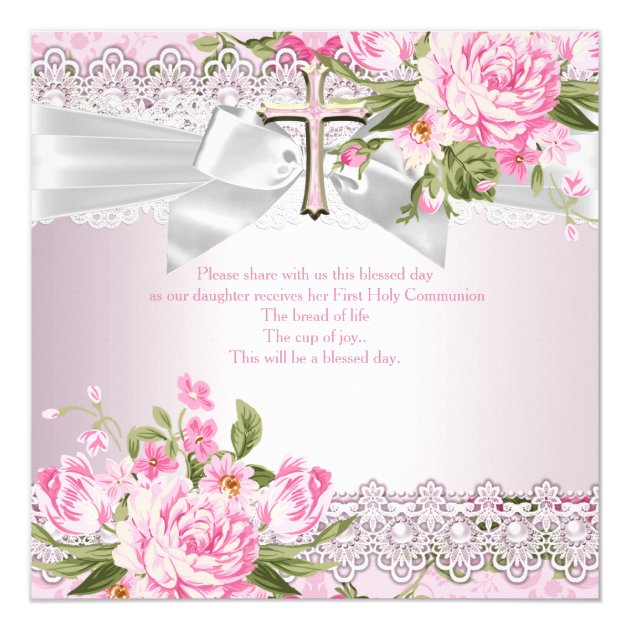 Vintage Floral Cross First Communion Pink B Invitation