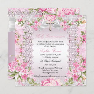 Vintage Floral Cross First Communion Pink B Invitation