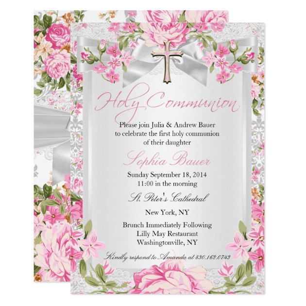 Vintage Floral Cross First Communion Pink Invitation
