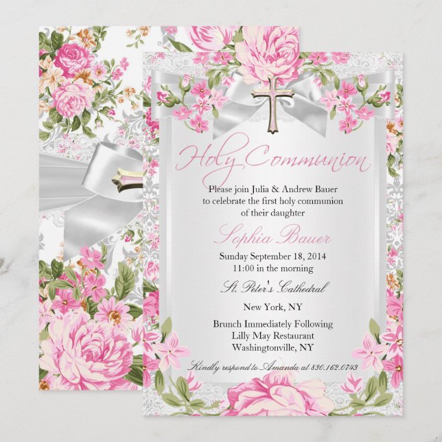 Vintage Floral Cross First Communion Pink Invitation (Front/Back)
