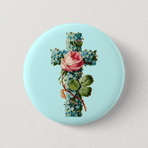 Vintage Floral Cross Pinback Button